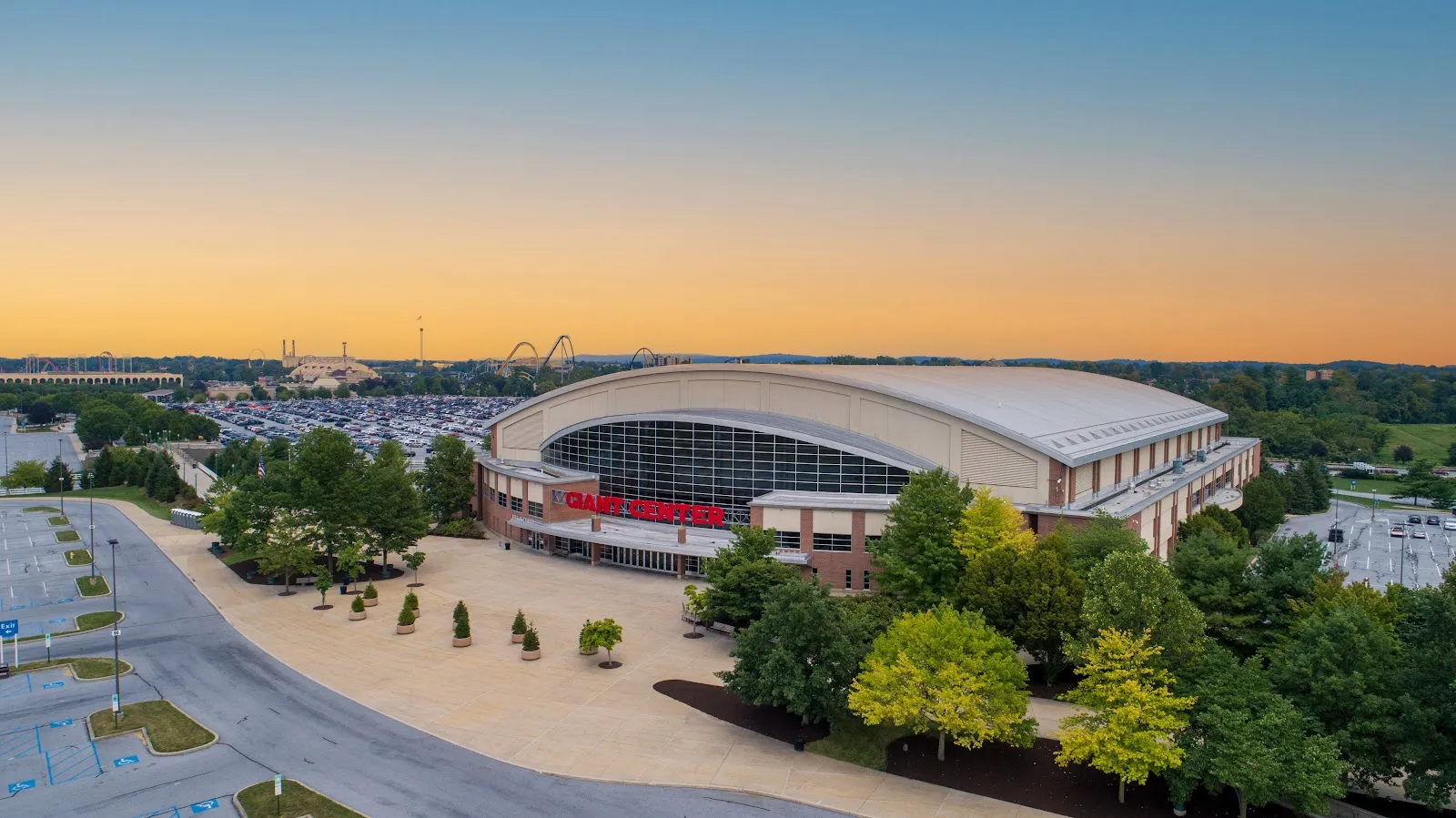 GIANT Center from the air at dusk, with the Hersheypark rides beyond (photo from the Google Maps listing) — GIANT Center