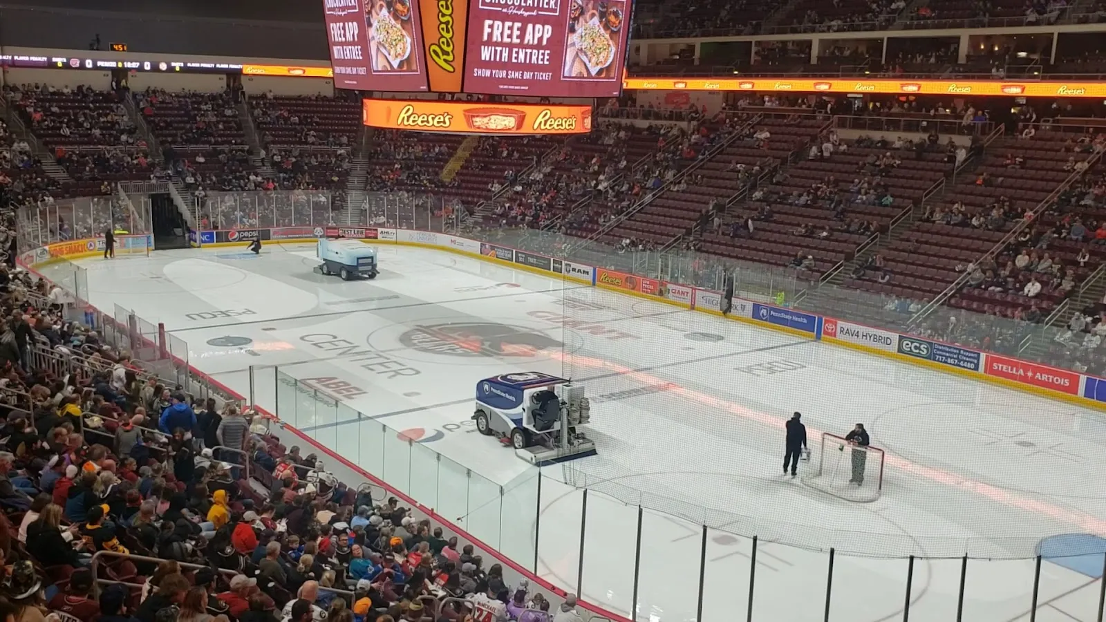 The ice sheet and a Zamboni at GIANT Center, with spectators in the stands (photo from the Google Maps listing) — GIANT Center