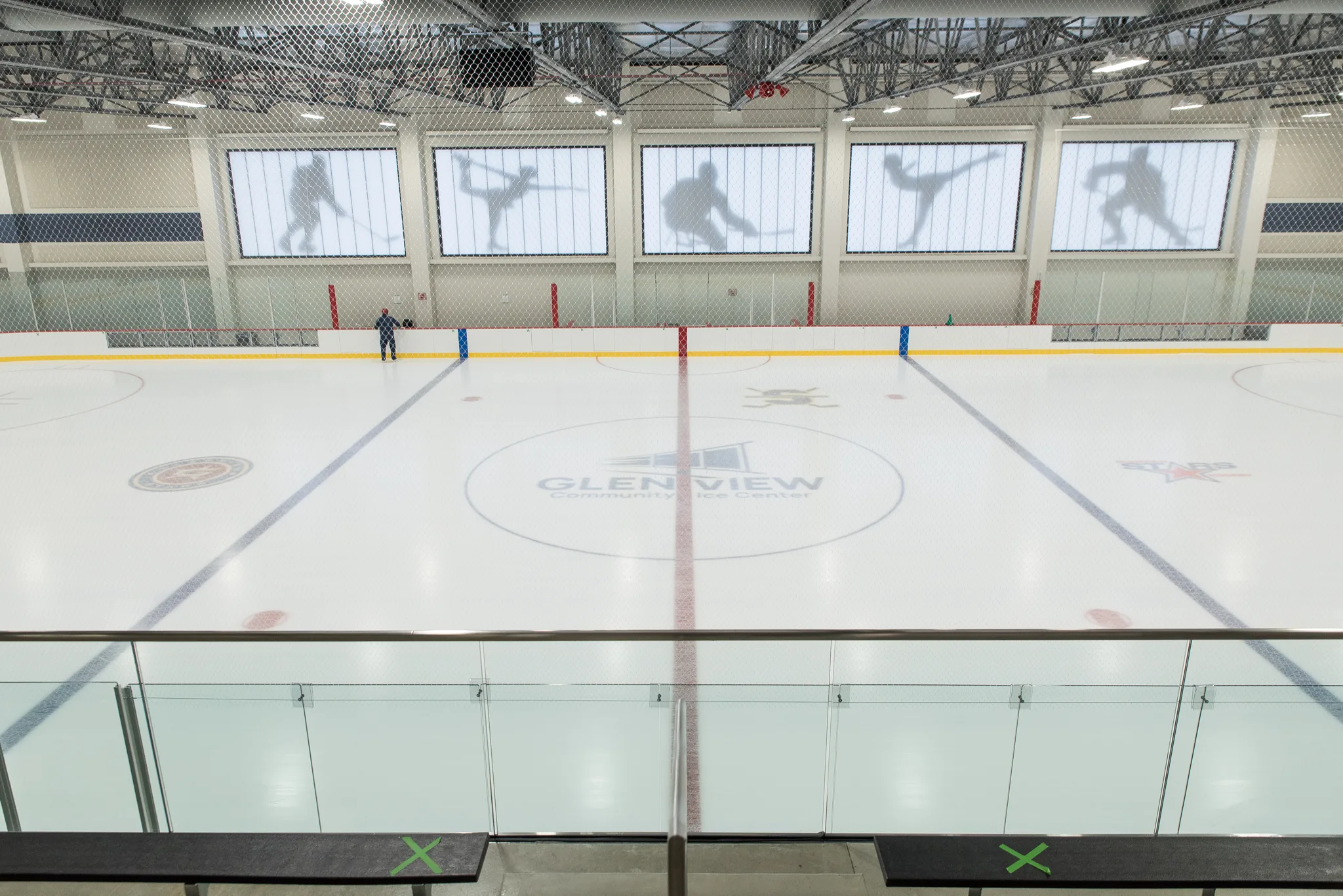 The full sheet and centre-ice logo from above the glass — Glenview Community Ice Center