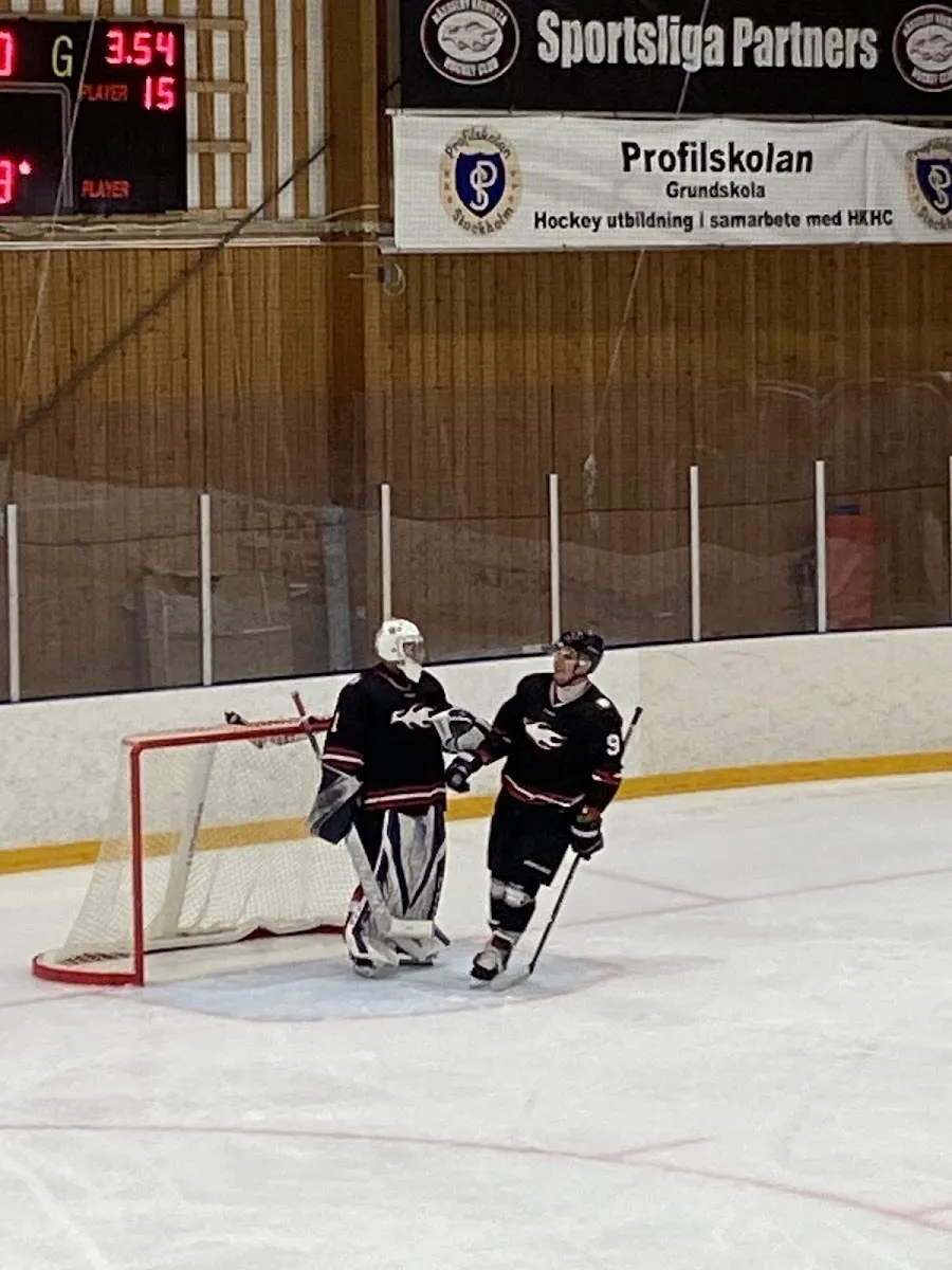Two young players in front of a goal on the ice at Grimsta ishall during a game, with the hall wall and sponsor boards behind. — Grimsta ishall