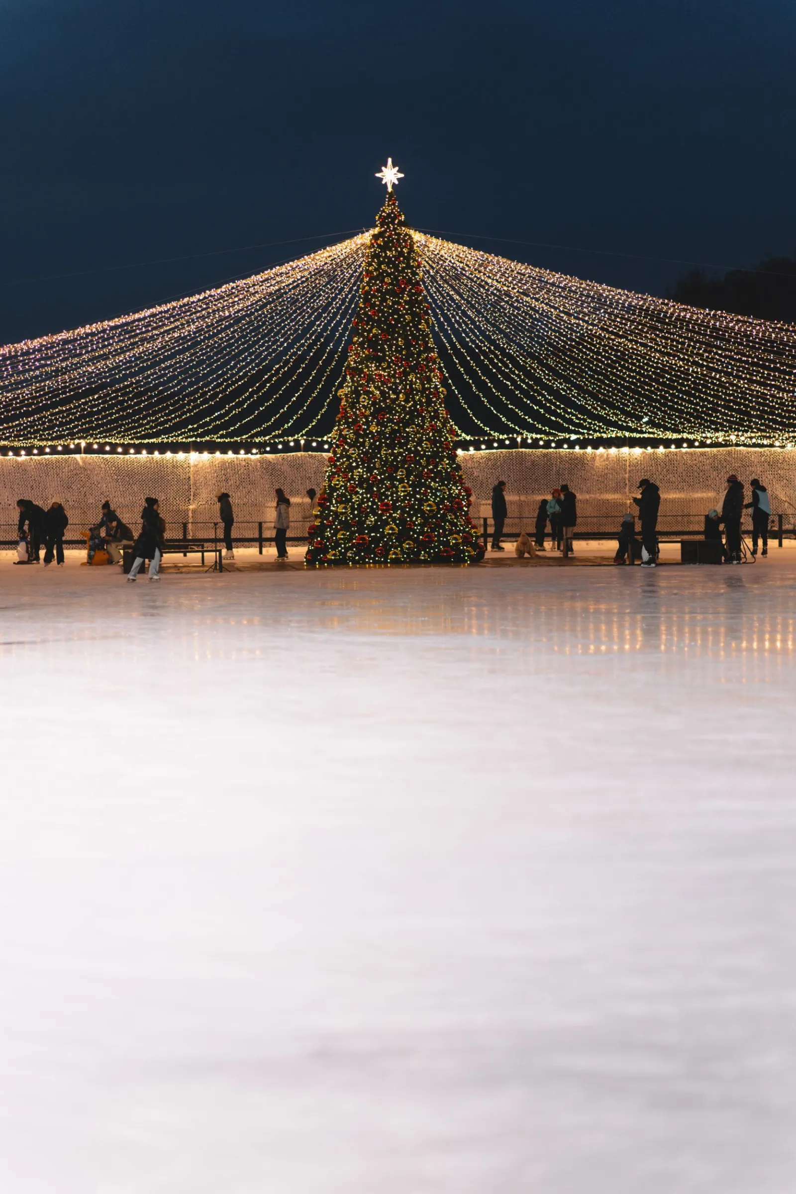 The Haragun Ice Club rink in the evening, with the Christmas tree and skaters on the ice — Haragun Ice Club