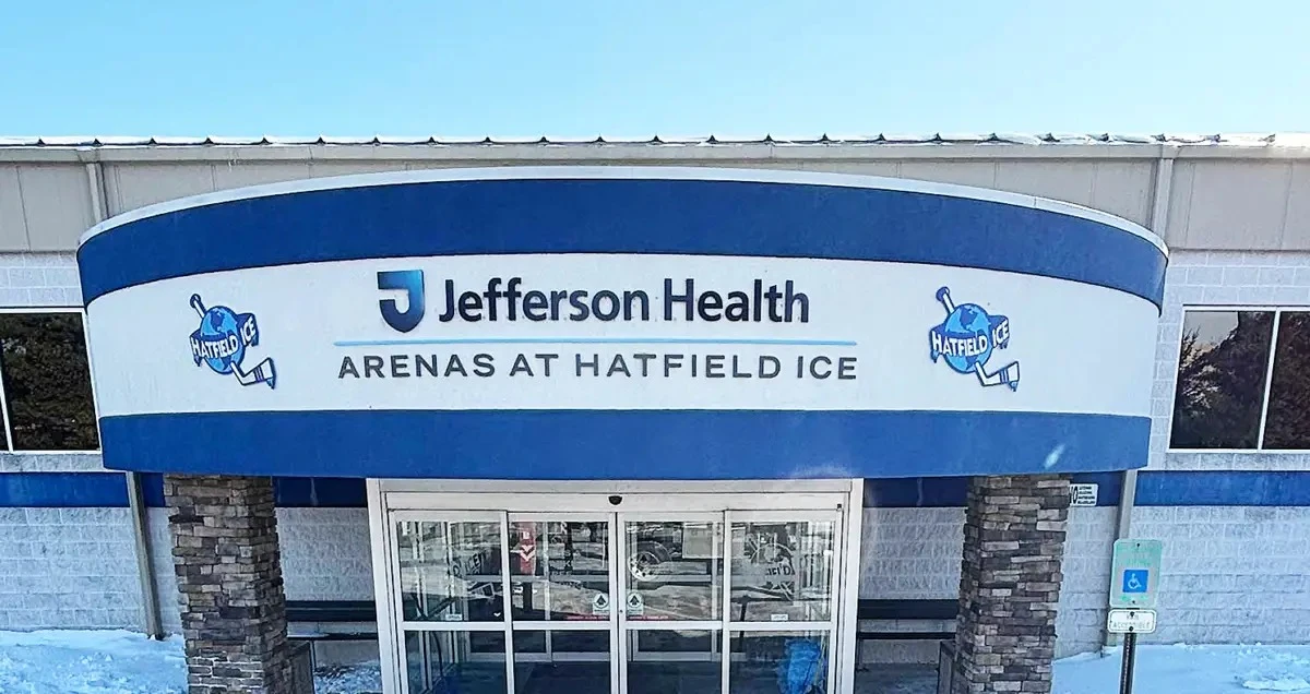 The signed entrance to Jefferson Health Arenas at Hatfield Ice. — Hatfield Ice Arena