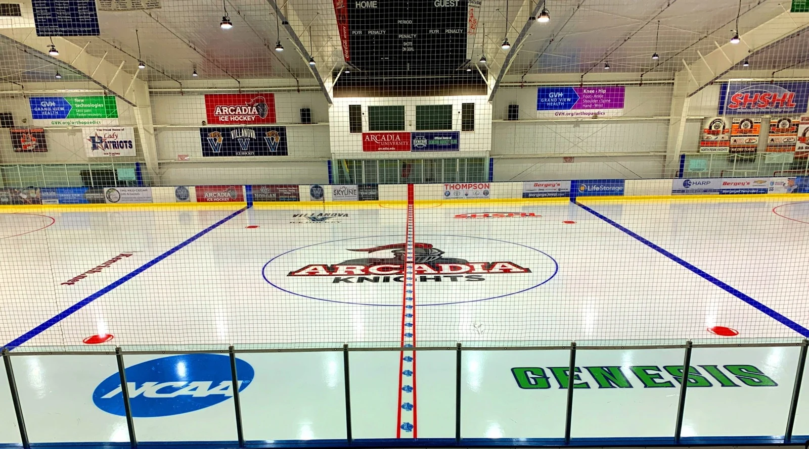 Hatfield Ice’s Gray Rink, with Arcadia Knights markings and banners above the ice. — Hatfield Ice Arena