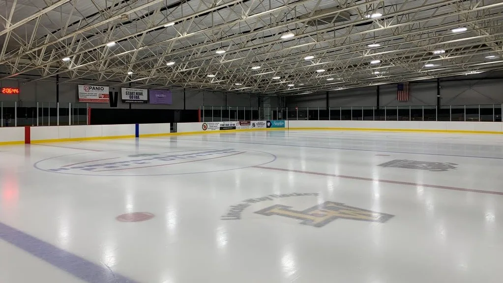 The full length of the main sheet from a corner at ice level — H-F Ice Arena (Flossmoor)