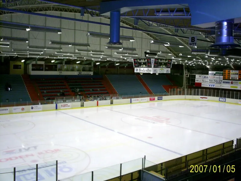 The ice and stands of Björknäshallen (now Hive Arena) in Boden — Hive Arena