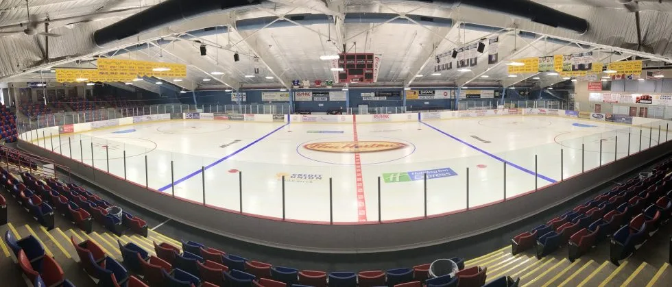 The ice and seating at the Hodder Memorial Arena in Deer Lake, from the Deer Lake Recreation arena page — Hodder Memorial Arena