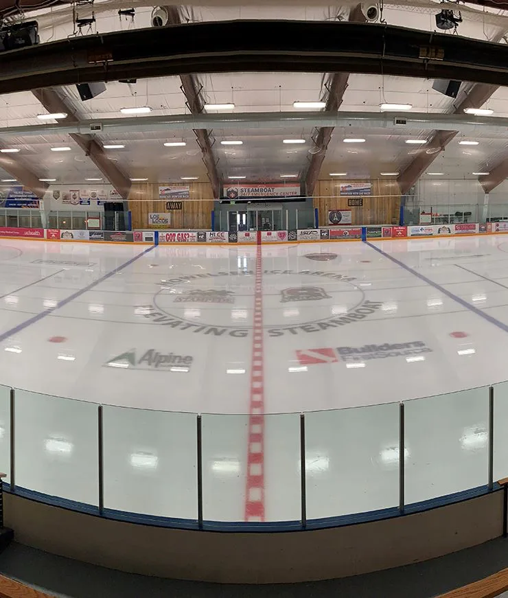 Sheet at Howelsen Ice Arena seen from behind the end boards — Howelsen Ice Arena