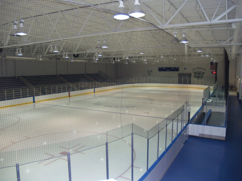 The ice and stands at Hudsonville’s former Georgetown Ice Arena, with Jenison team signage on the wall. — Hudsonville Ice Arena