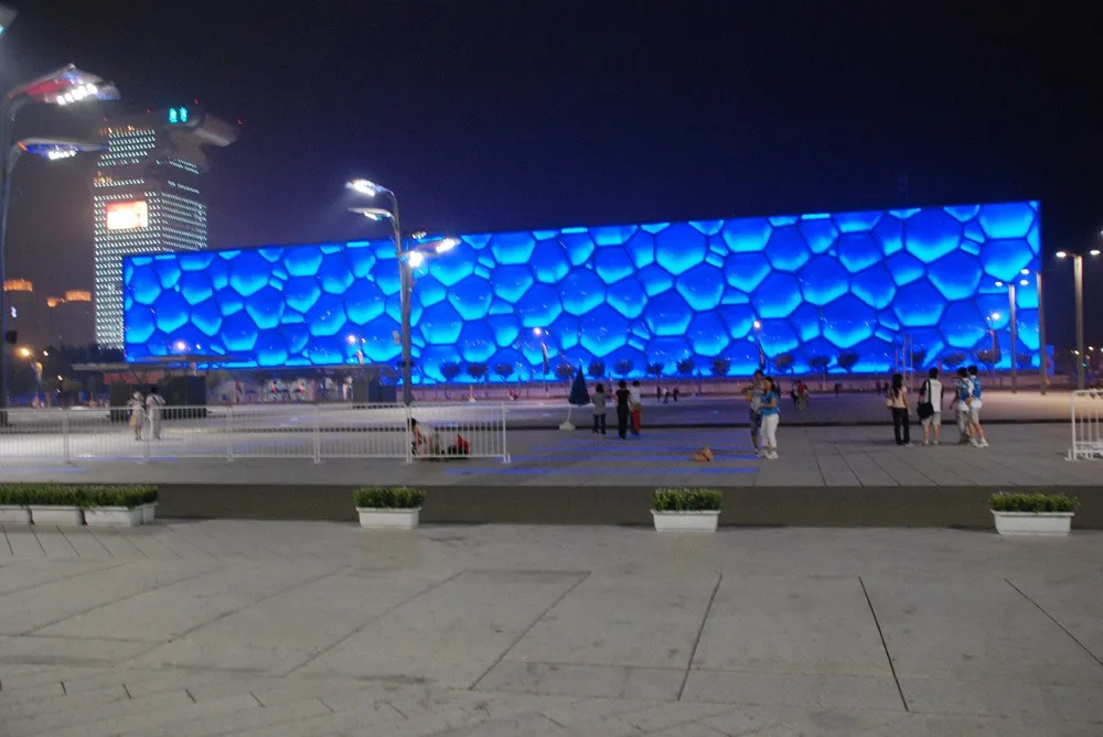 The National Aquatics Centre (Water Cube) in Beijing at night, the building that houses the Ice Cube ice sports centre — Ice Cube Ice Sports Center