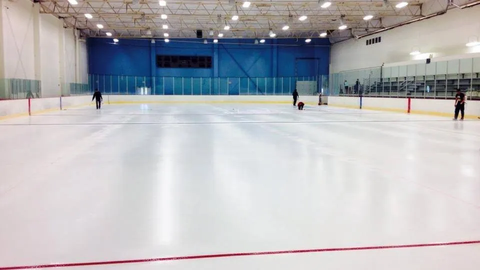 Una pista amplia y vacía vista desde las vallas del extremo, con hielo blanco y una línea roja bajo una pared con franja azul y un techo iluminado. — Ice Den Chandler