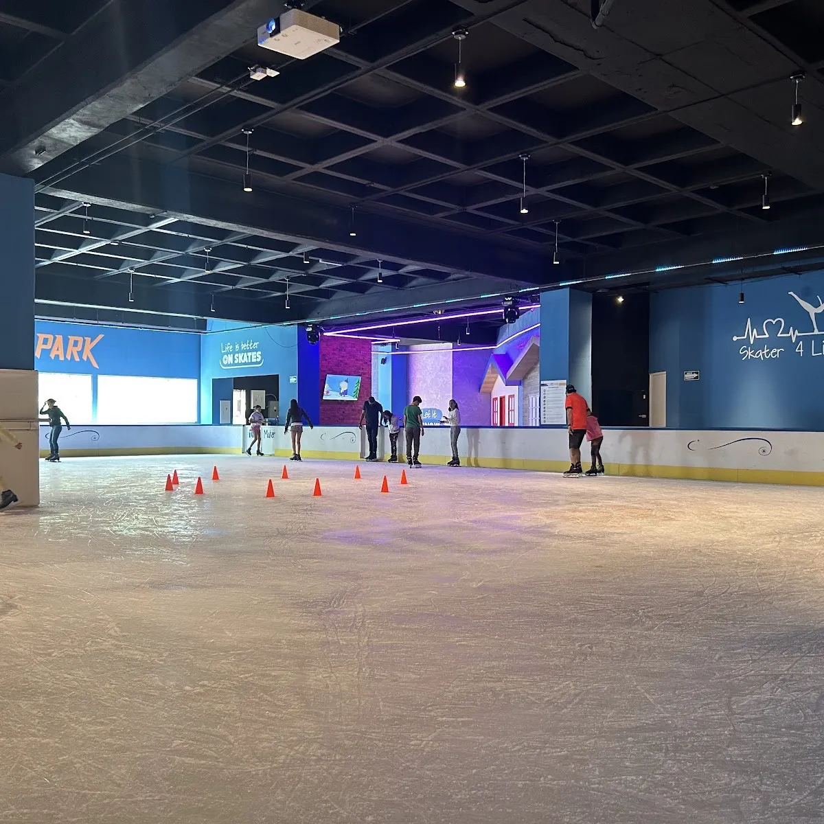 The IcePark rink during a public session, with blue walls and a Skater 4 Life mural along the far side — Ice Park San Luis Potosí