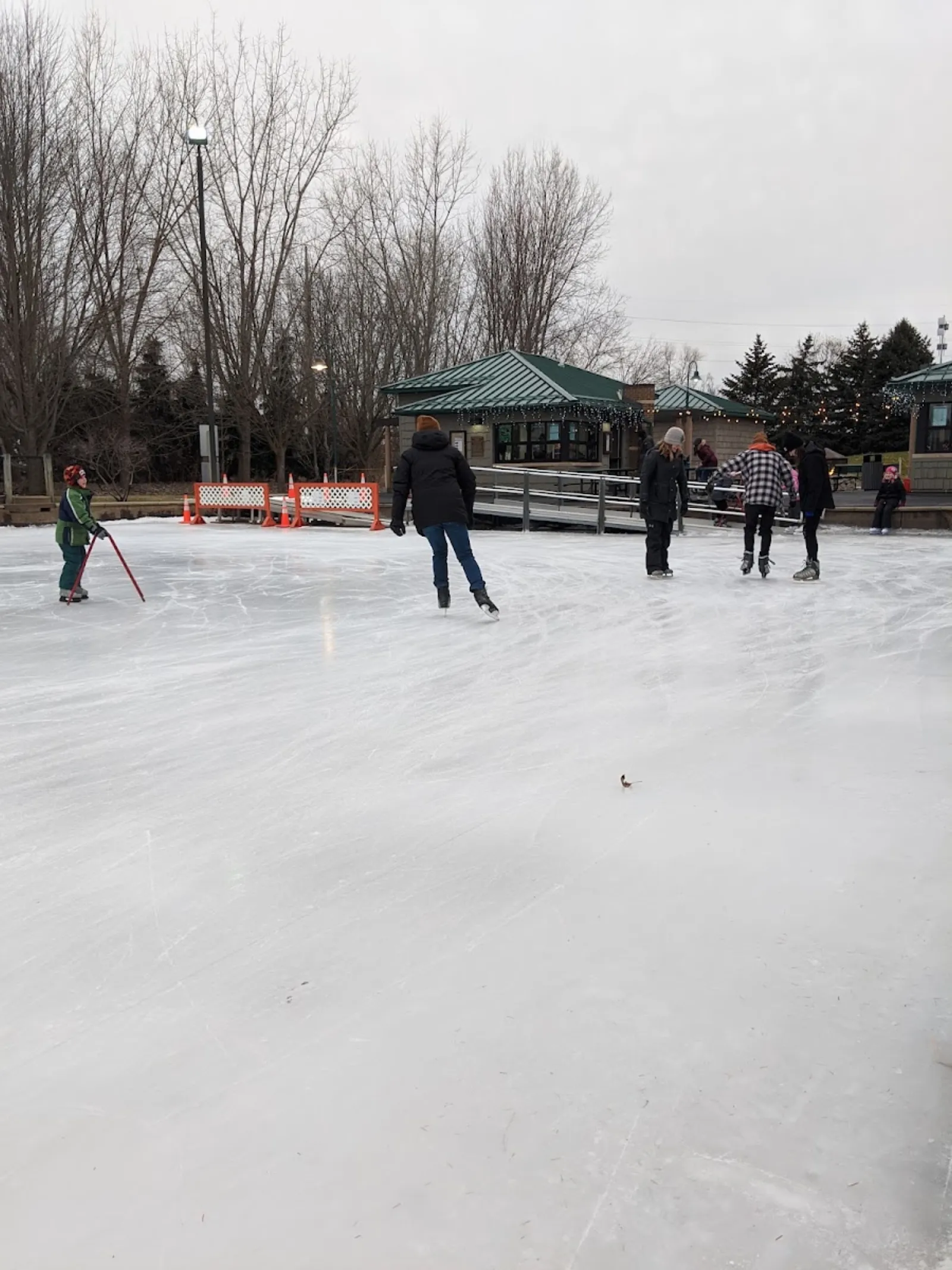 The outdoor ice surface with goal nets and the green-roofed skate house beyond, a few skaters crossing. — Ice Rink at Millennium Park