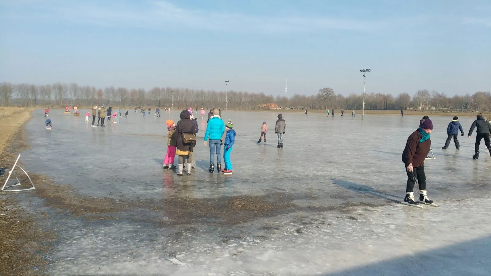 A crowd of skaters on the natural ice of the Lochem rink under a pale sky, with tall lights and trees along the far edge. — IJsbaan Lochem