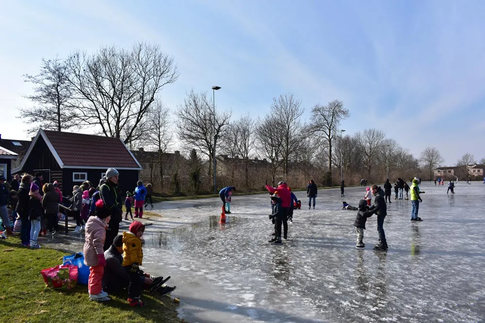 Skaters and families on the natural ice of the Bamestra rink in winter sunshine, with the dark clubhouse hut at the left and bare trees along the edge. — IJsbaan Bamestra (Middenbeemster)