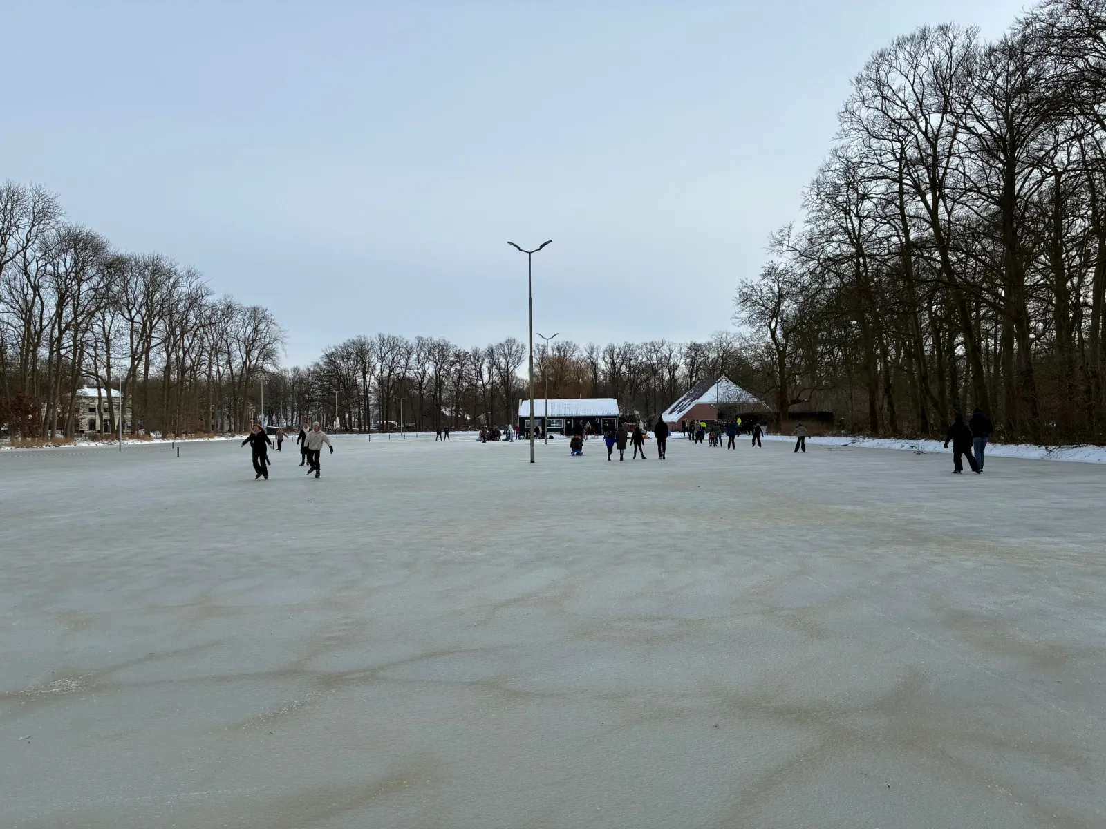 Wijds uitzicht over de lange bevroren baan van Slochterbosch tussen rijen kale bomen, met schaatsers in de verte en lichtmasten. – IJsclub Slochterbosch
