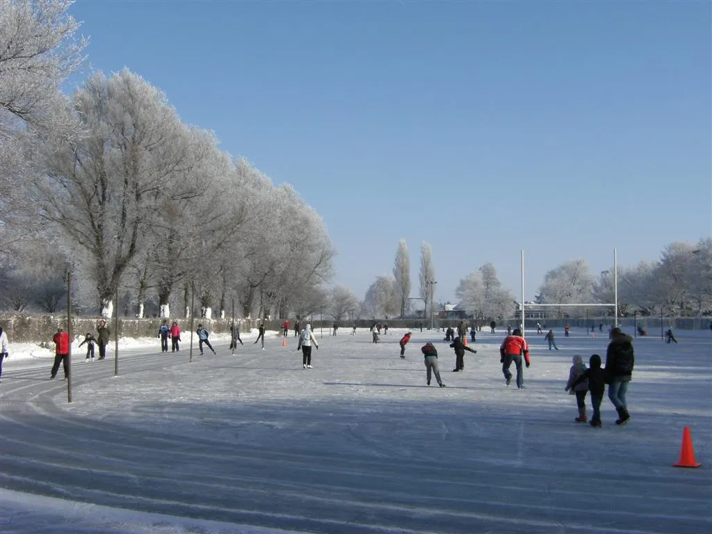 Hoar-frosted trees along the Uitgeest landijsbaan with skaters spread across the ice in winter sun. — IJsclub Uitgeest