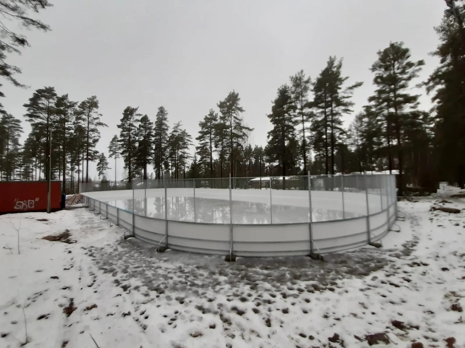 Inkereen laitakaukalo mäntymetsässä, valkoisten laitojen sisällä kirkas jää ja ympärillä lumilaikkuja. – Inkereen kaukalo (Salo)