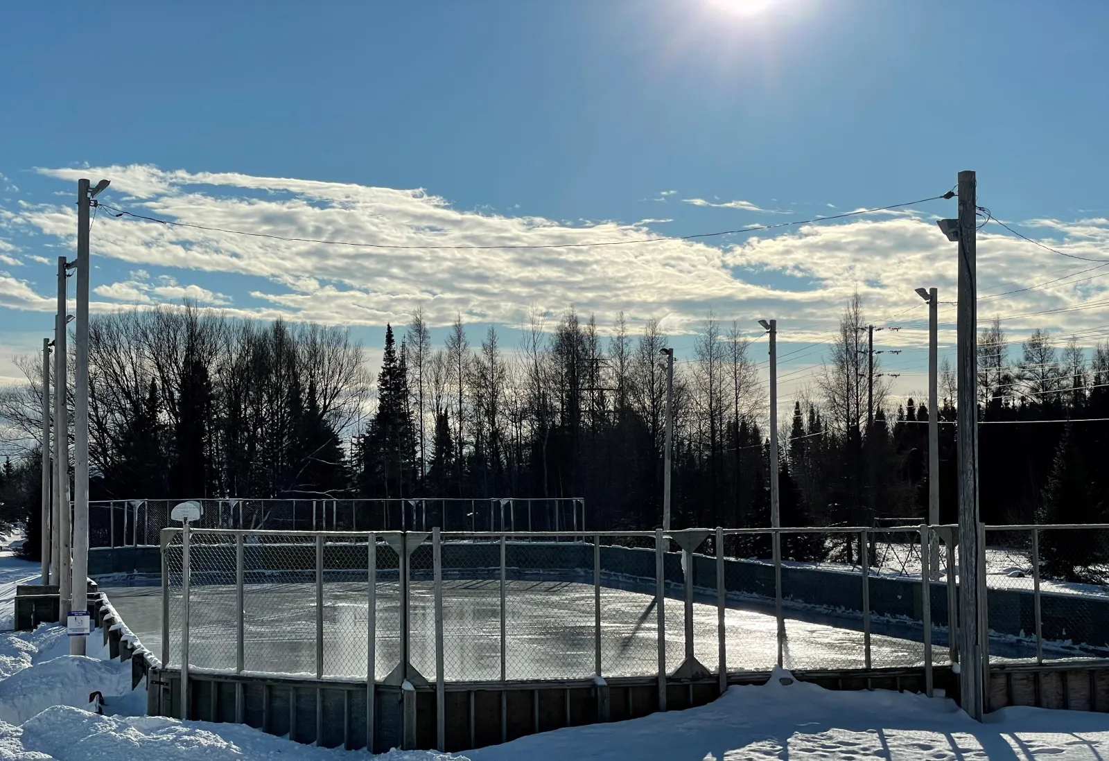 La pista del John Jumbo Community Centre rodeada de abetos y reflectores — John Jumbo Community Centre Outdoor Rink