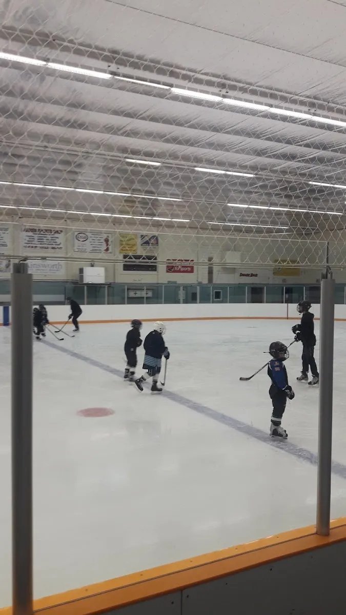 Young skaters with hockey sticks on the ice at the Kaslo arena, seen through the end-glass with sponsor signs on the far wall. — Kaslo and District Arena