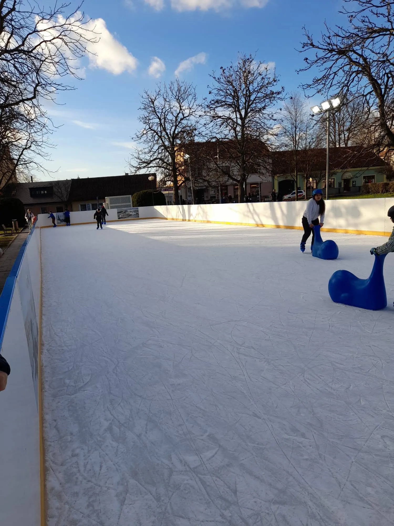 Children skating with seal-shaped aids on the white ice of the Lysá nad Labem rink, with bare trees and houses beyond the boards. — Kluziště Lysá nad Labem