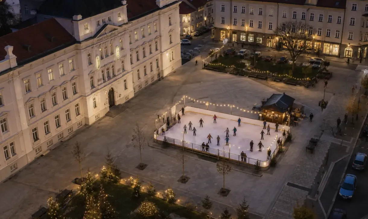 Aerial view of the Tábor ice rink on the town square at dusk, with the lit rink between the historic buildings. — Kluziště Tábor (náměstí T. G. Masaryka)