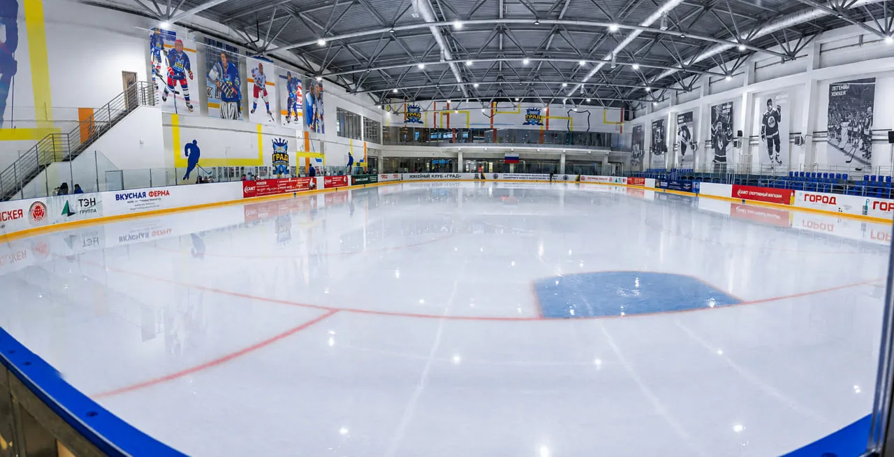 The 60 by 30 metre ice sheet of the Kosino rink, from the operator's own gallery — Kosino Ice Rink
