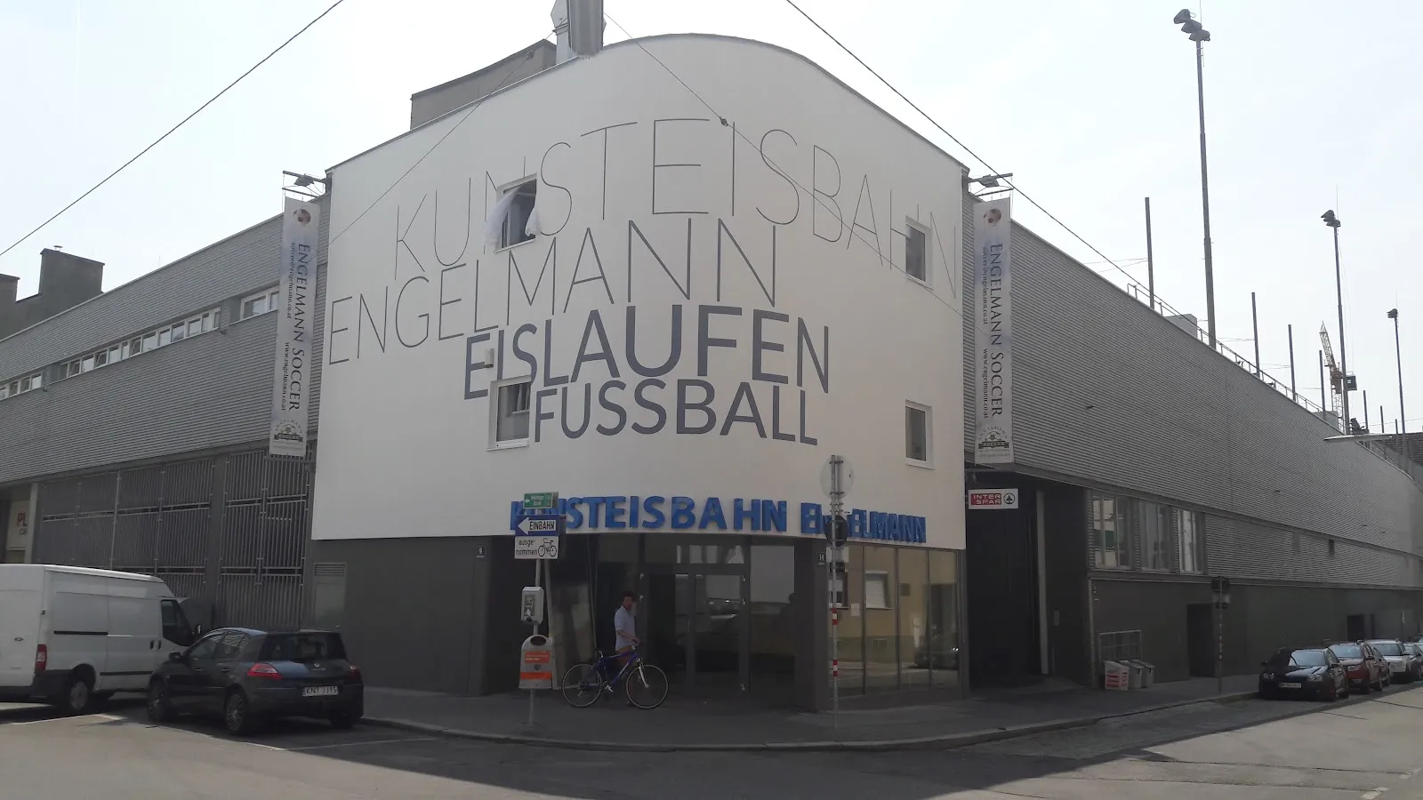The Kunsteisbahn Engelmann building front with its Eislaufen signage (Google Maps listing photo) — Kunsteisbahn Engelmann