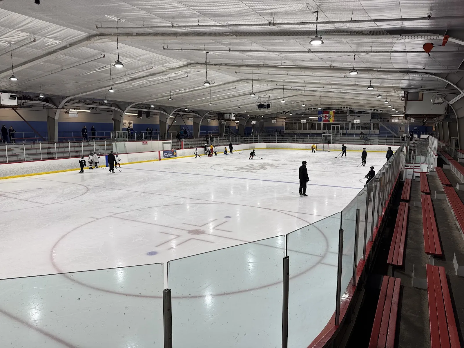 The ice at Lady Beaverbrook Rink seen from the stands, with a few skaters at the far end and the arched roof overhead. — Lady Beaverbrook Rink