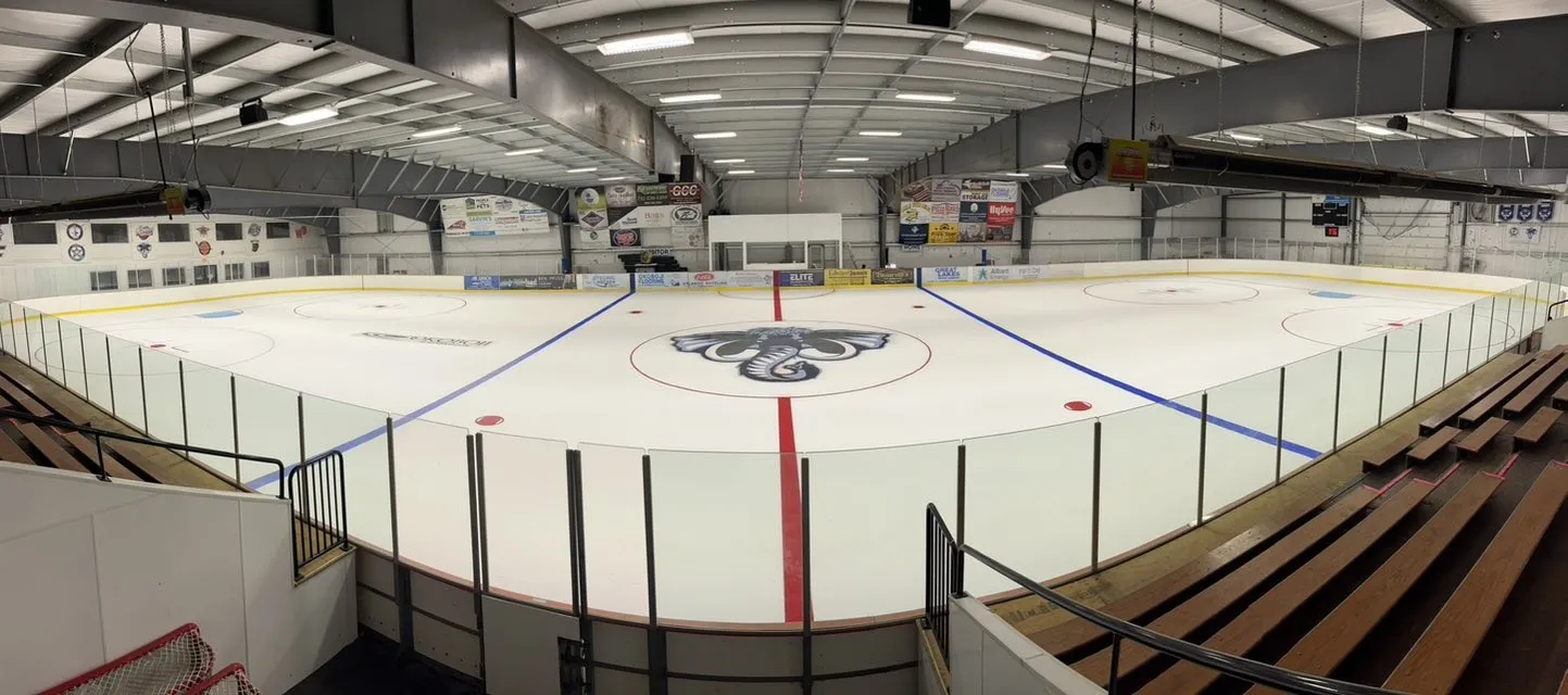 Full ice sheet from an elevated corner, empty, with the Boji Mammoths elephant logo at center ice and wooden bleachers in the foreground. — Lakes Ice Arena