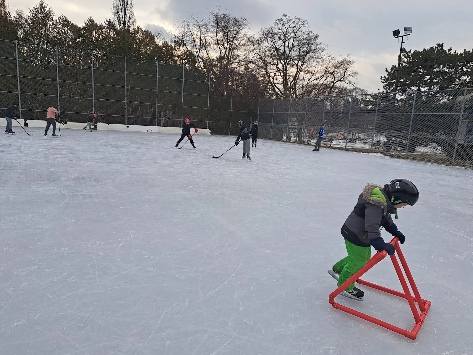 Un joven patinador usando un apoyo para patinar en la pista del parque Lambton-Kingsway, con vallas iluminadas por reflectores y la cerca del parque detrás — Lambton - Kingsway Park Outdoor Ice Rink