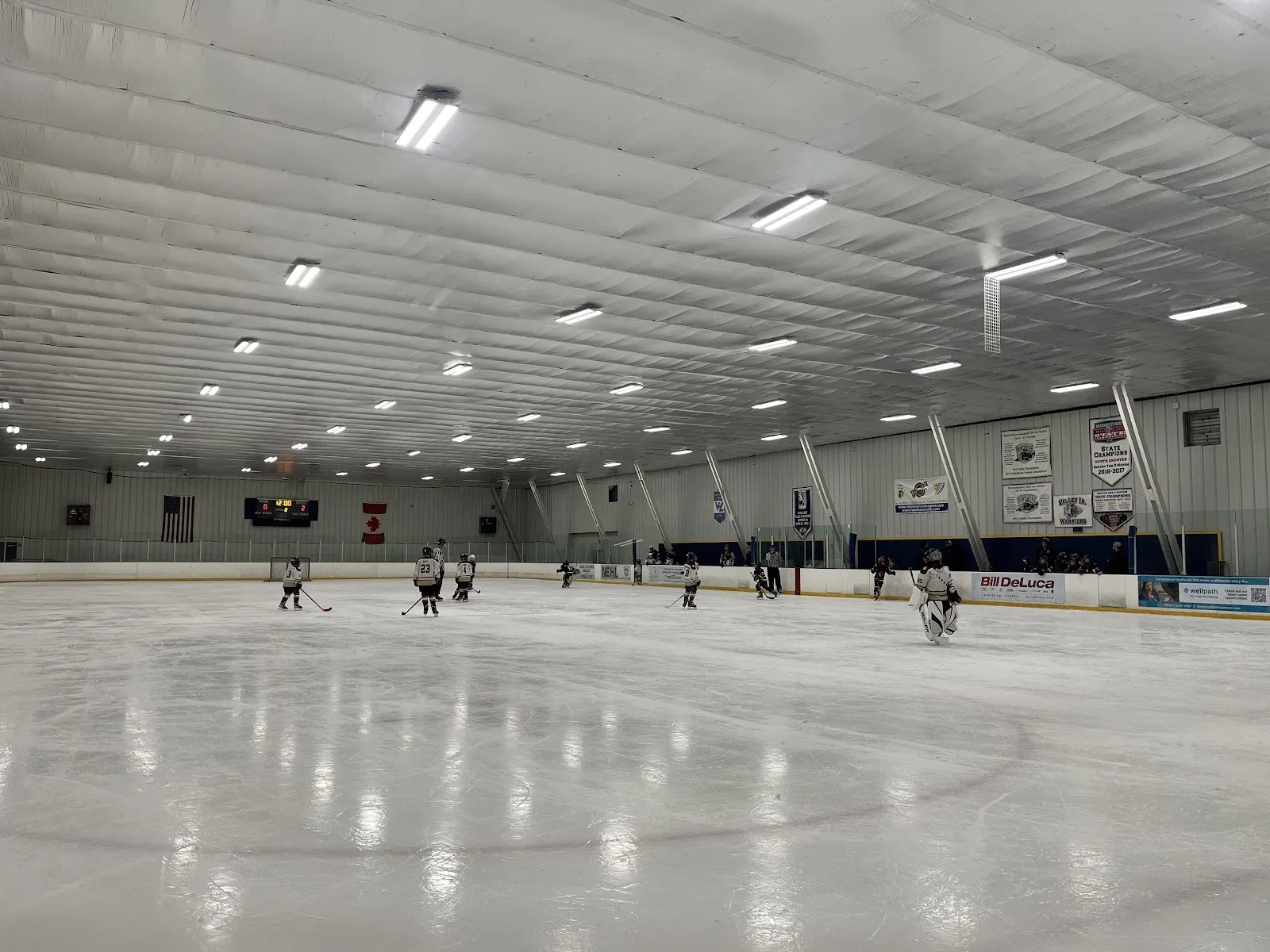 Una vista amplia a lo largo de la pista, con unos cuantos jugadores repartidos por el hielo blanco bajo un techo claro con banderines en la pared del fondo. — Lawrence Valley Forum
