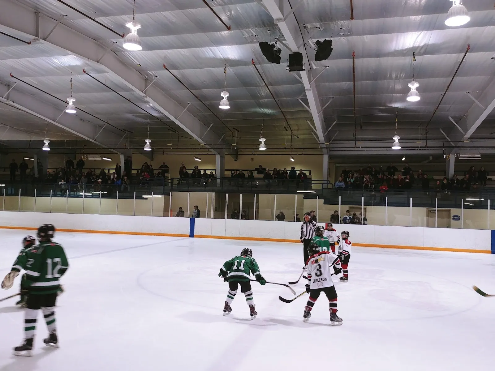 Un partido en una pista amplia visto por encima de las vallas, con jugadores de verde y blanco repartidos cerca del lado opuesto bajo un techo oscuro y una franja de asientos. — Legacy Recreation Centre (Thedford)