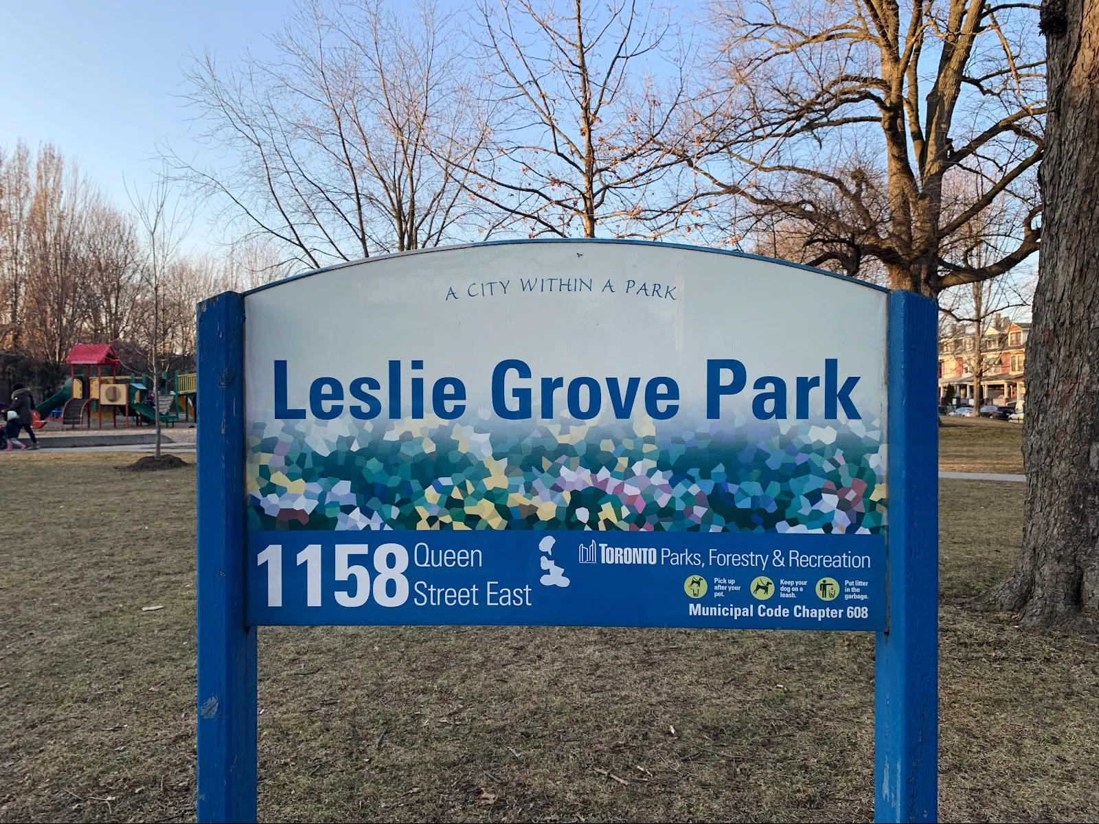 The Leslie Grove Park sign at 1158 Queen Street East, in a photo from its Google Maps listing. — Leslie Grove Park Natural Ice Rink