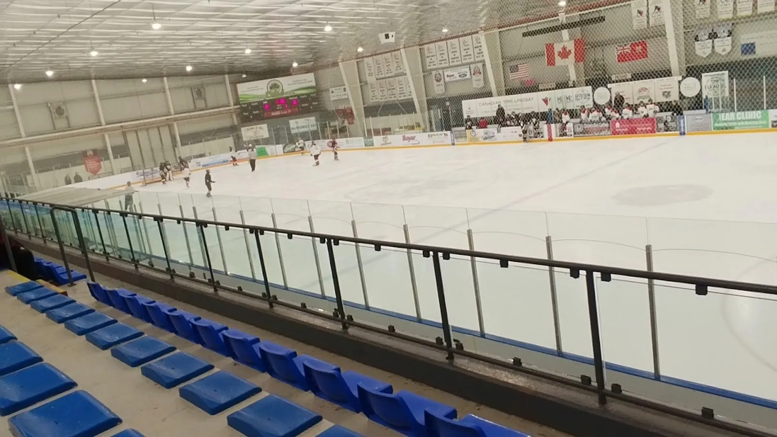 Una vista larga a lo largo de las butacas azules y un barandal de vidrio de la pista, con patinadores a lo lejos sobre el hielo bajo un techo de armaduras de acero con una bandera de Canadá. — Lindsay Recreation Complex
