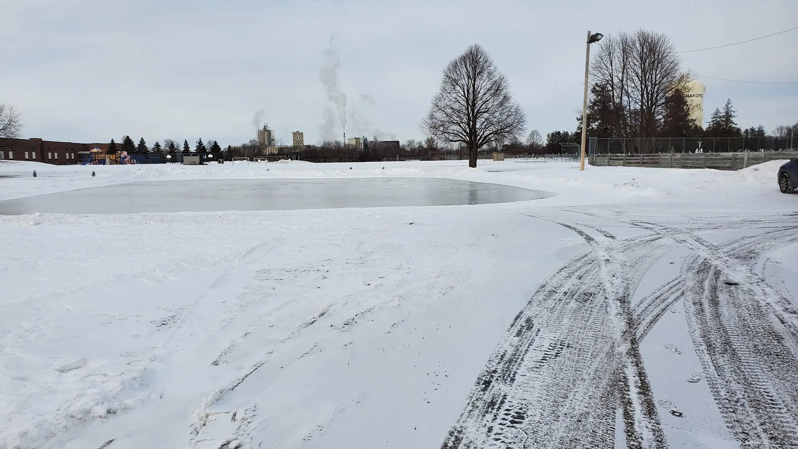 A freshly flooded ice surface in a snow-covered area at Lions Park in winter, with tyre tracks in the snow, a light pole and bare trees and rooftops beyond; no people. — Lions Park Ice Rink