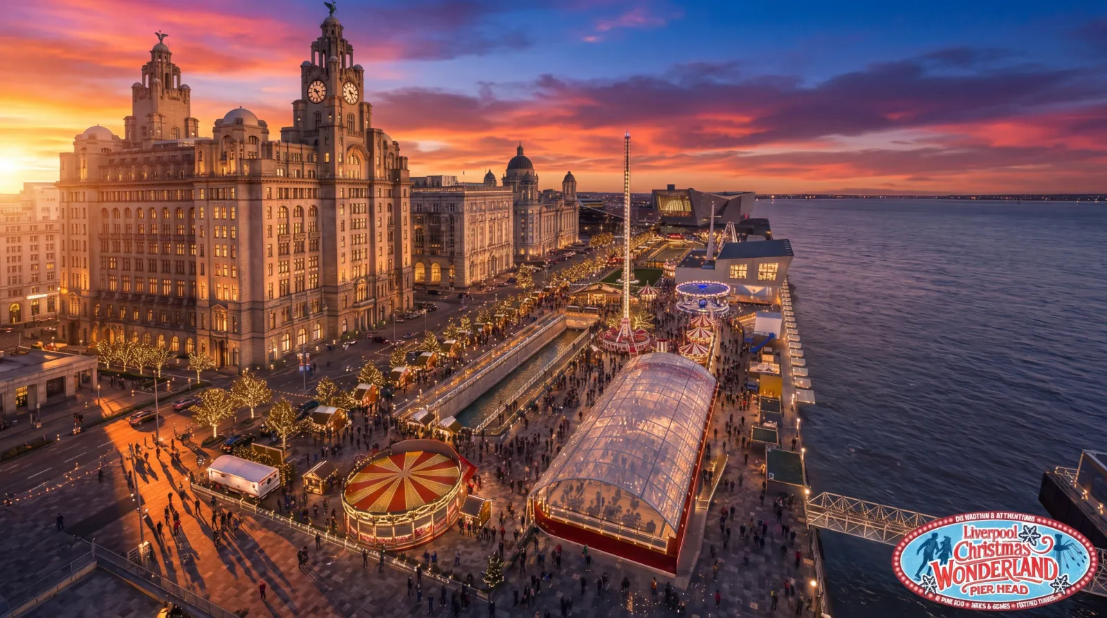 Pier Head from above at dusk, the Liverpool Christmas Wonderland rink and market beside the Royal Liver Building and the waterfront. — Liverpool Christmas Wonderland Ice Rink