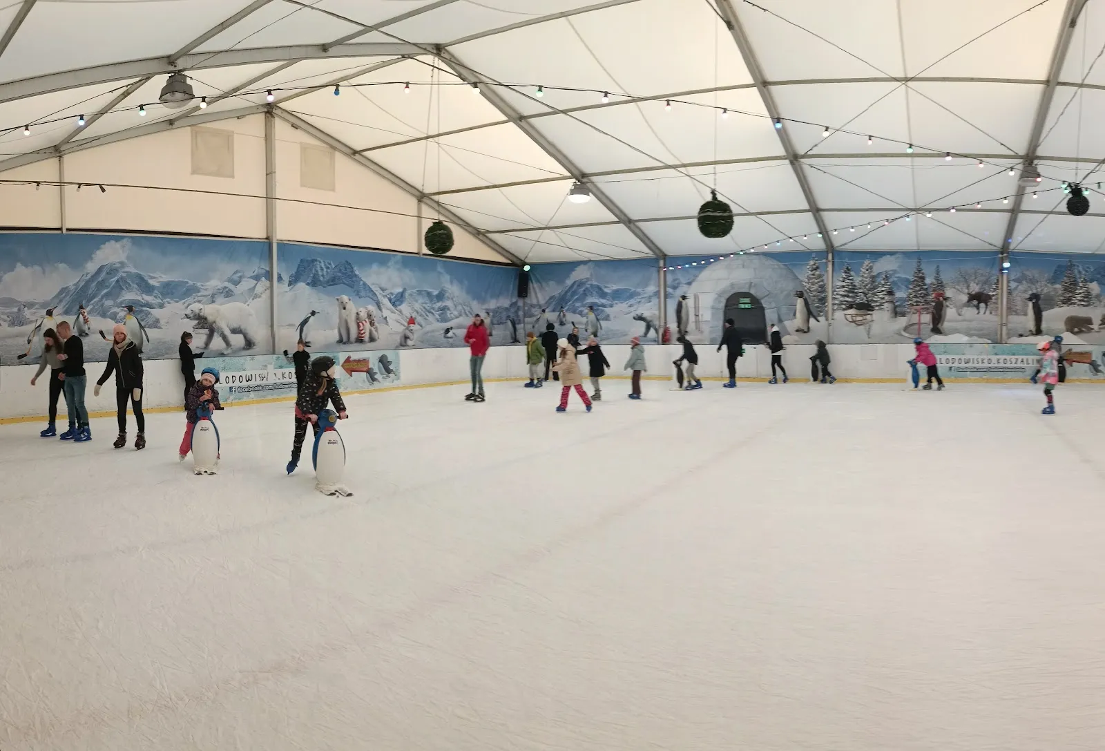 Public skating with penguin aids on the ice of the Alaska tent rink in Koszalin, under the painted polar murals — Lodowisko Alaska Koszalin