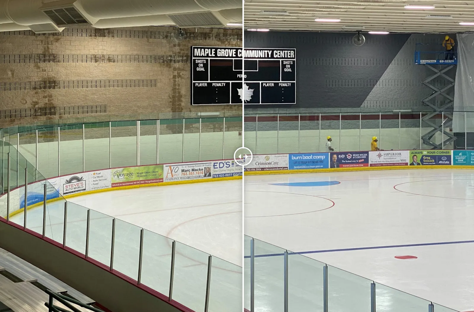The empty Maple Grove Ice Arena ice with its glass boards, scoreboard and rink-side wall graphics. — Maple Grove Community Center Ice Arena