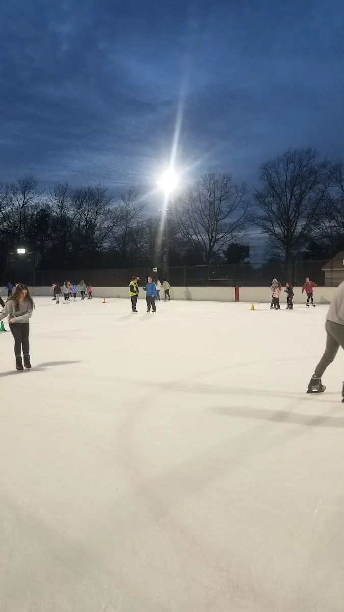Skaters gliding across the outdoor rink at Marjorie R. Post Community Park at dusk, under the floodlights and bare trees. — Marjorie R. Post Community Park Ice Rink
