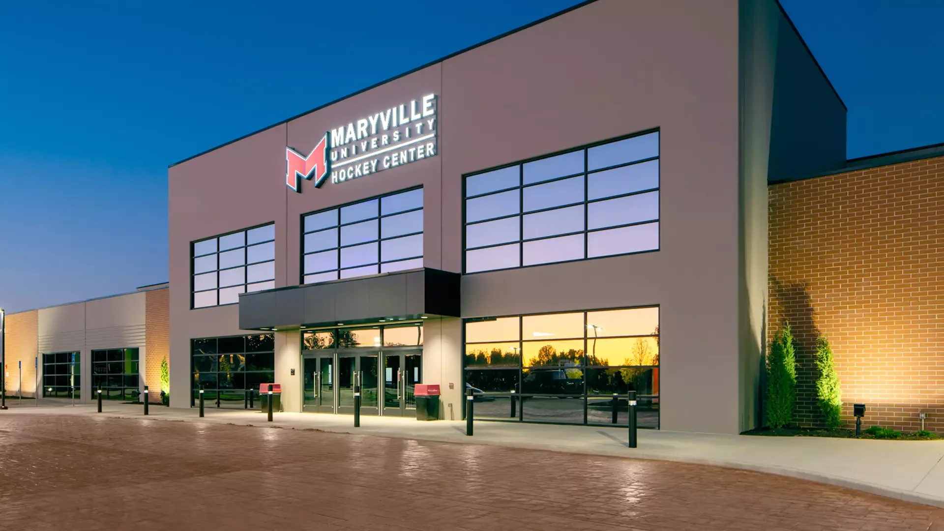 Front of the hockey centre at dusk — Maryville University Hockey Center