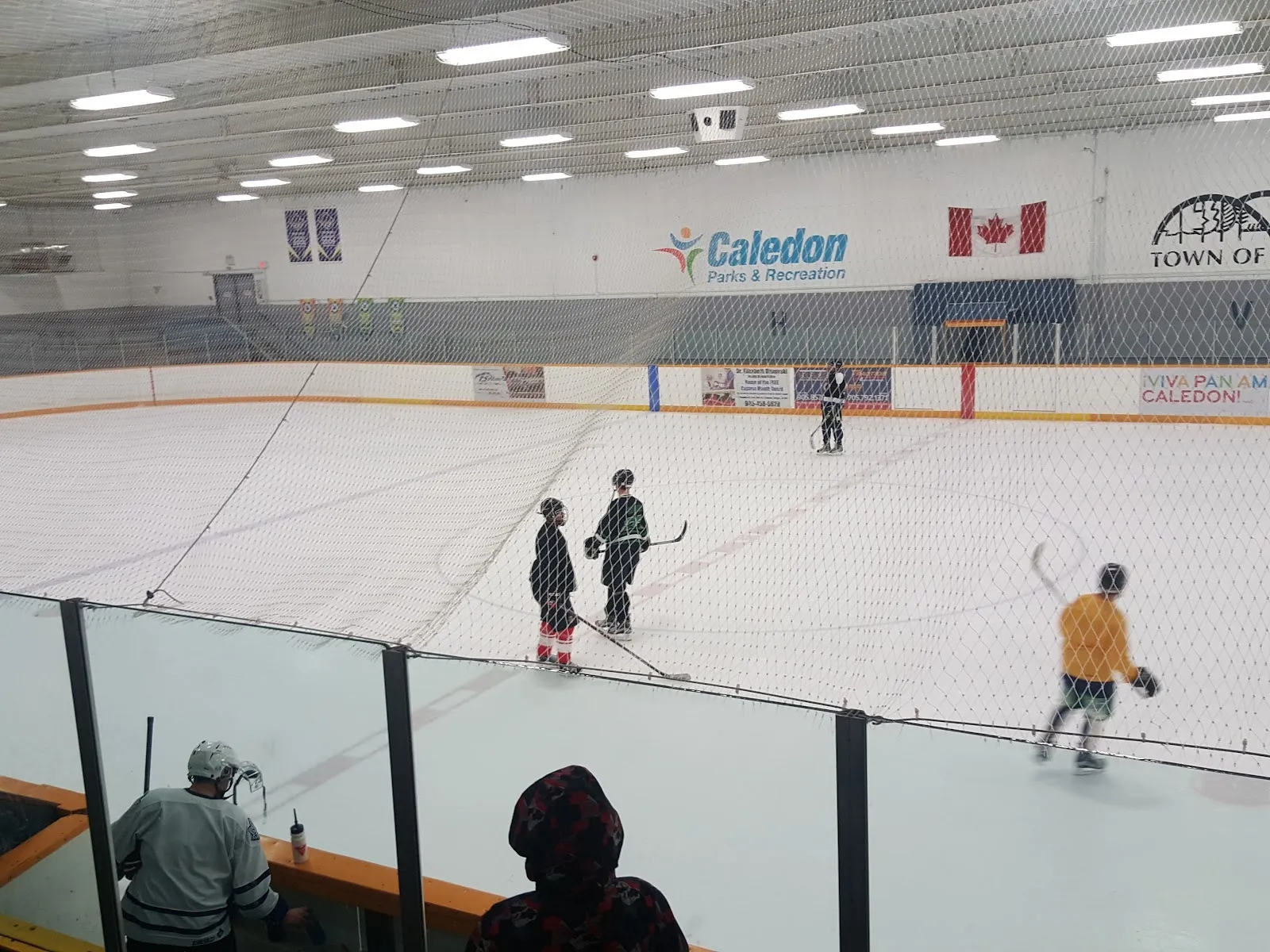 Jugadores y patinadores repartidos por el extremo cercano de la pista más allá del vidrio, con un logotipo de Caledon y una bandera de Canadá en la pared del fondo. — Mayfield Recreation Complex