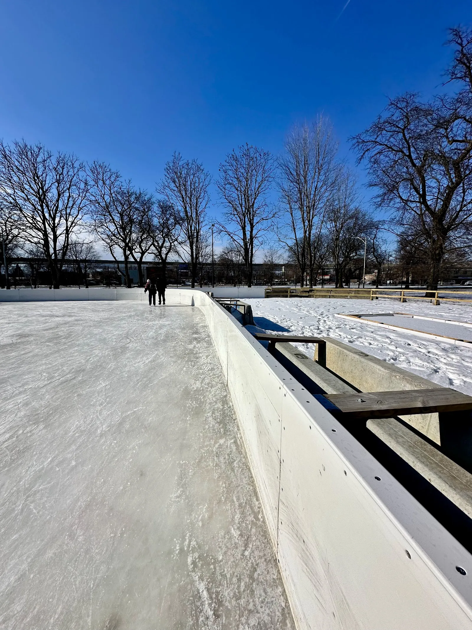 The outdoor rink's ice running along the white dasher boards on a clear winter day, with bare park trees beyond. — McKinley Park Ice Rink