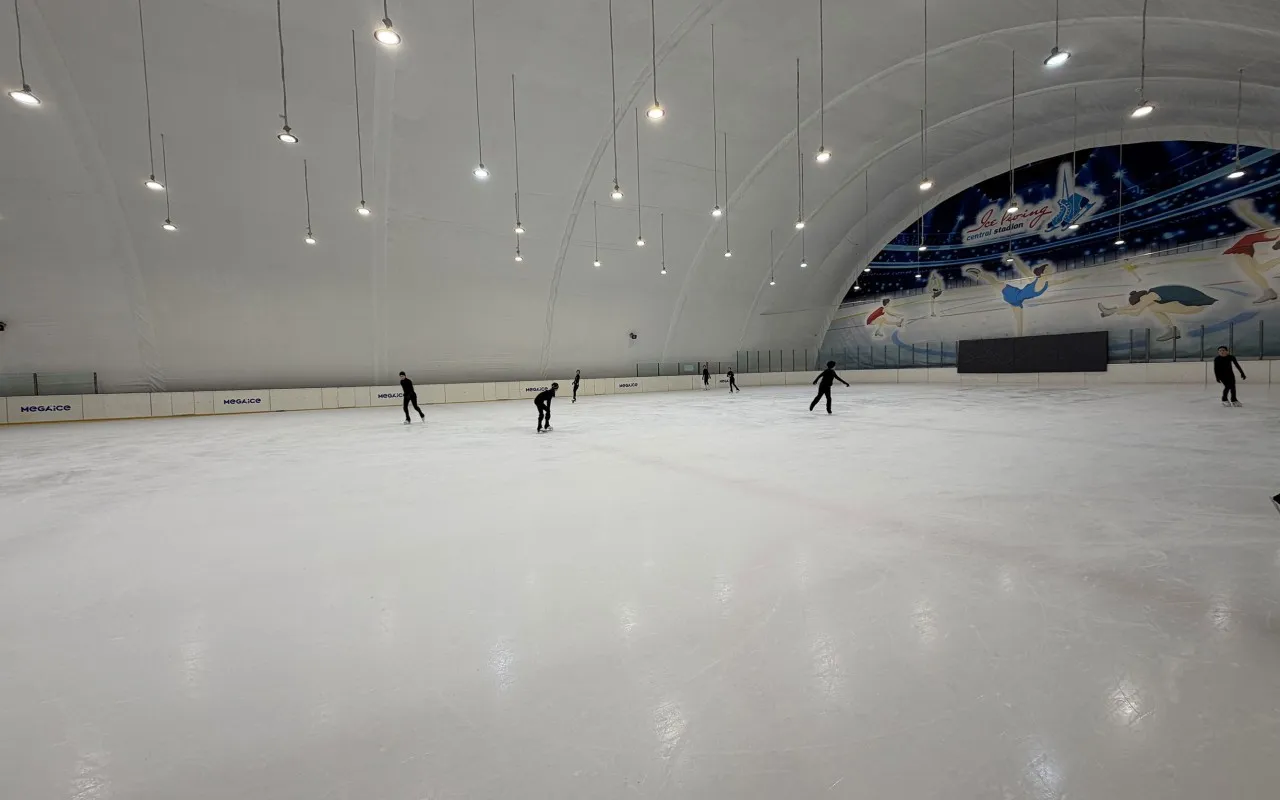 Катающиеся на льду крытого катка MEGA ICE на Центральном стадионе Алматы под сводчатой крышей, с хоккейной росписью на торце зала. — MEGA ICE Central Stadium