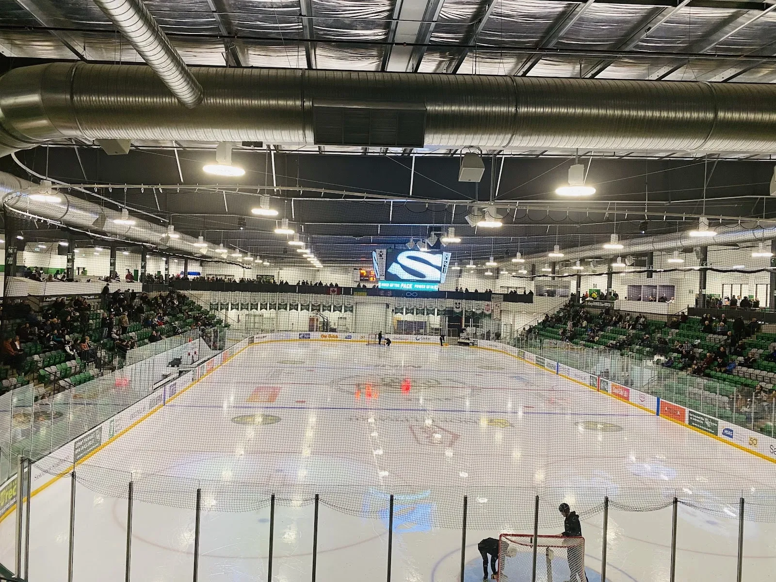 The arena bowl from the lower seats, a game in play on the sheet with green seating banked around it under a steel-trussed roof and a video board. — Merlis Belsher Place
