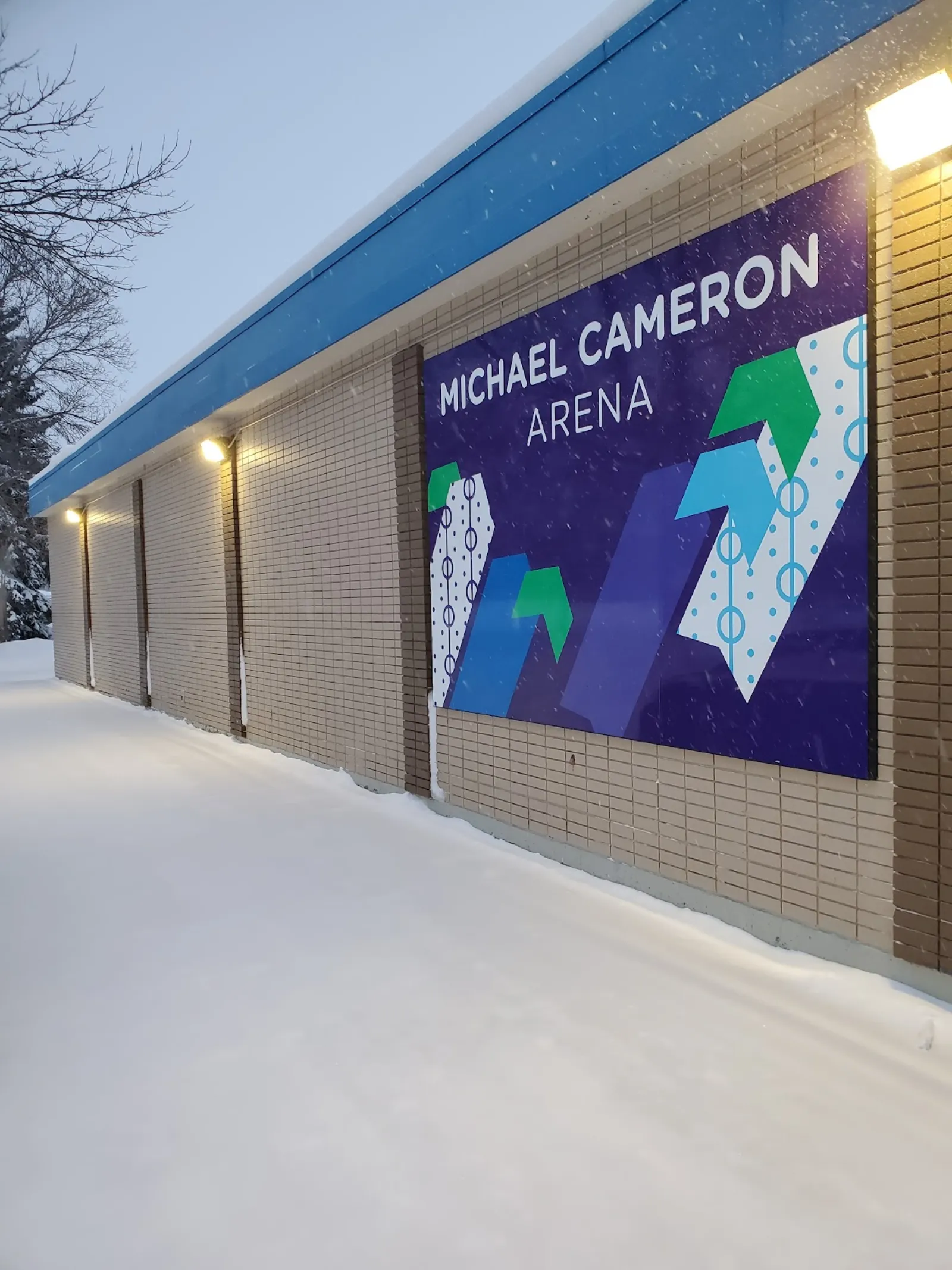 Side wall of the arena building in winter with a large panel sign reading "Michael Cameron Arena" mounted on the brick exterior. — Michael Cameron Arena