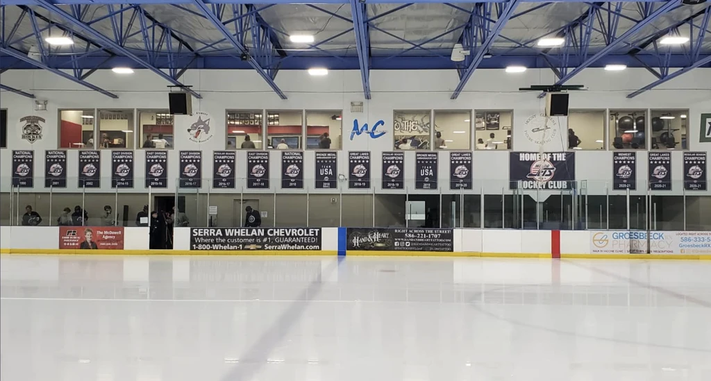 The Mount Clemens ice beneath the Metro Jets’ championship banners and club facilities. — Mount Clemens Ice Arena