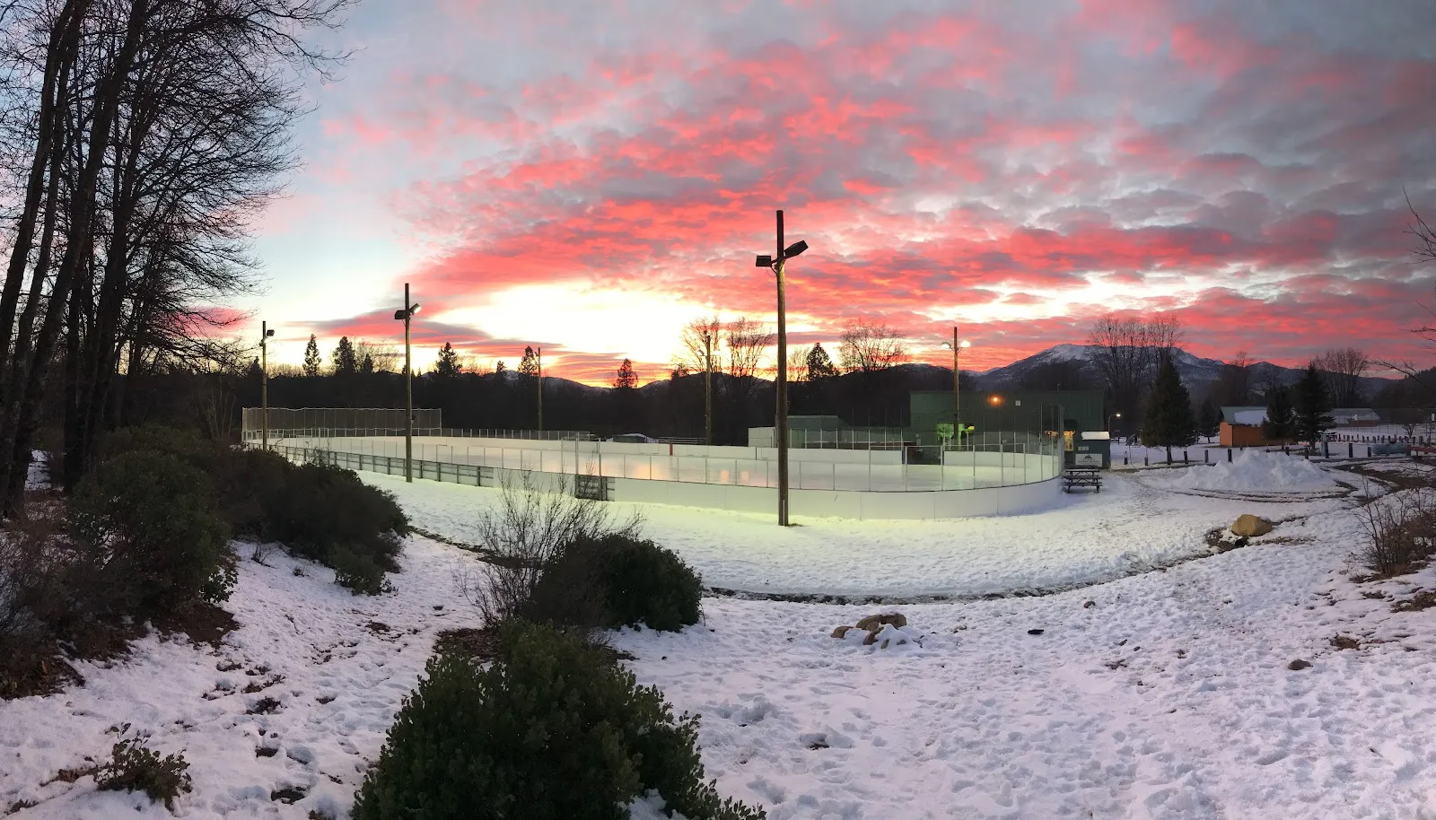 The floodlit rink in Shastice Park at sunset with snow on the ground and a pink sky behind the boards — Mount Shasta Ice Rink