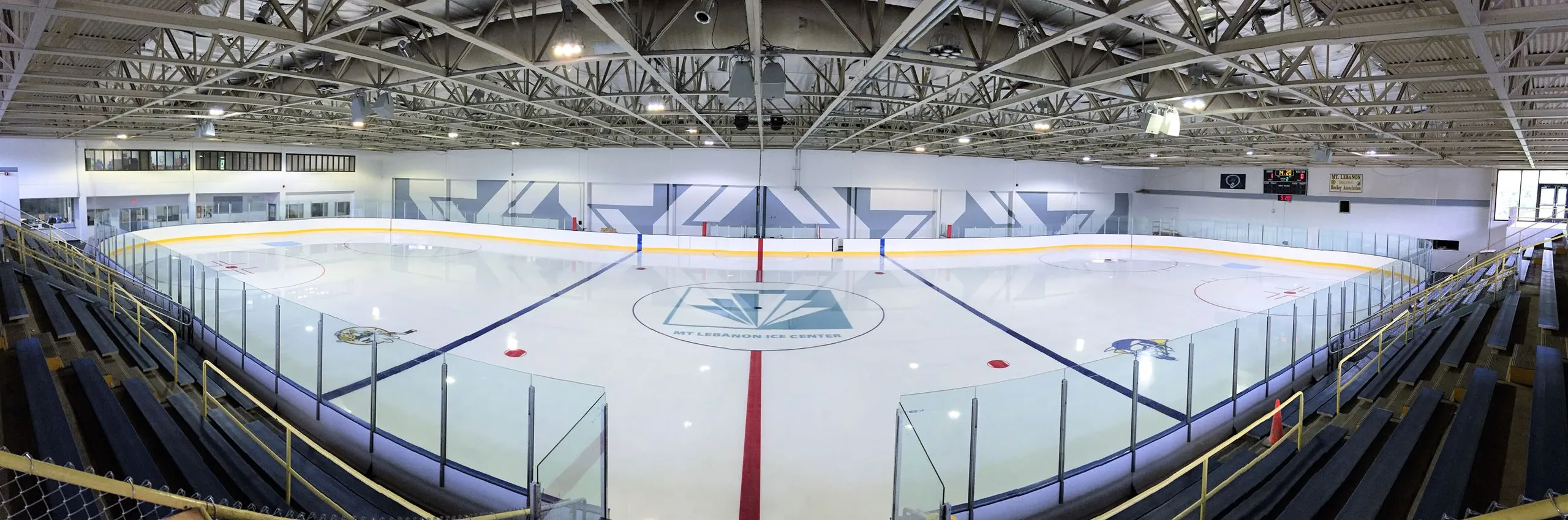 Panorama of the empty sheet between the bleachers — Mt. Lebanon Recreation Center (Frank Gill Ice Rink)