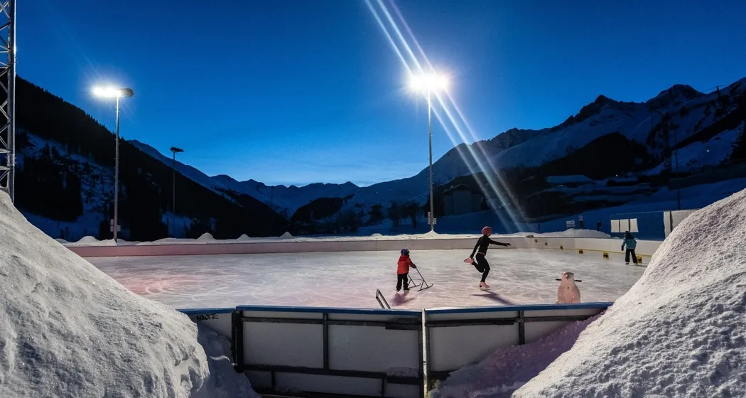 The floodlit natural-ice field in Sedrun at dusk with two skaters, snow banks along the boards and mountains behind. — Natureisfeld Sedrun
