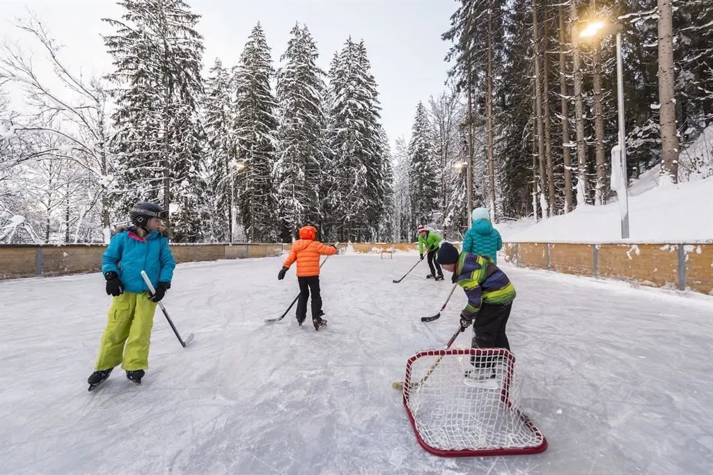 Children playing ice hockey with a small goal on the Going natural-ice rink, in a snowy forest under a street lamp. — Natur-Eislaufplatz Going